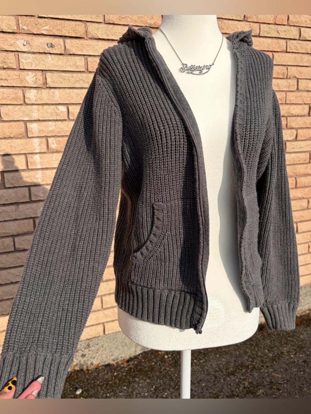 Grey Cotton Chunky Knit Zip Up Hoodie Sweater